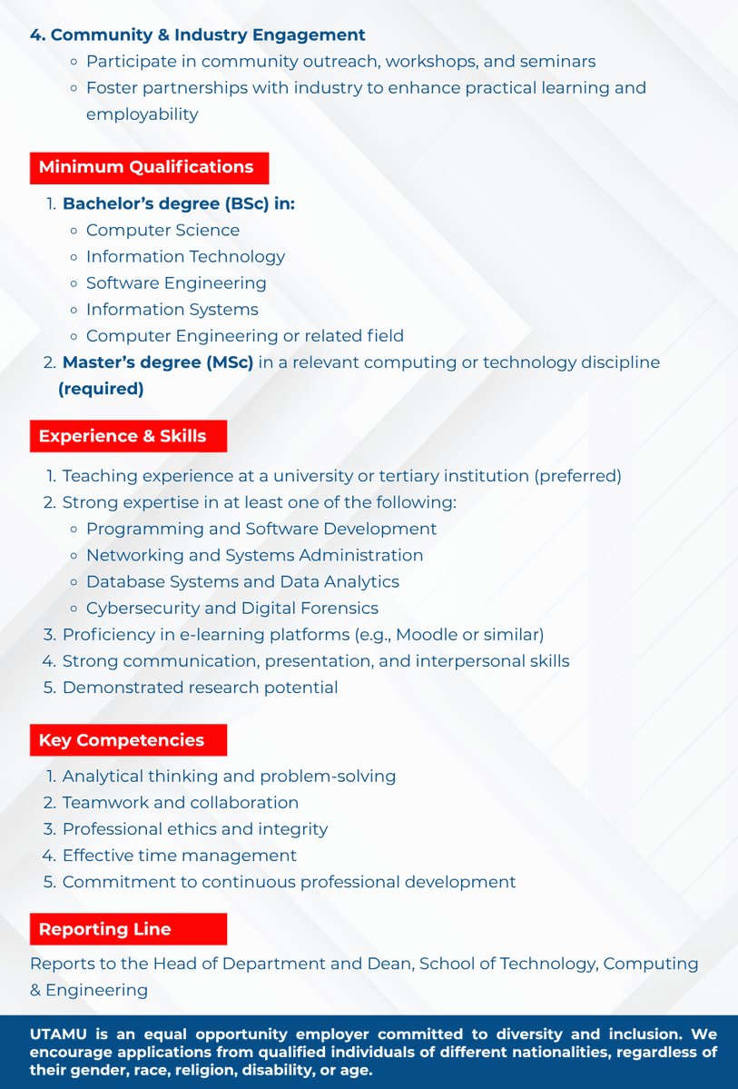 jobsinugandanow's tweet image. EMPLOYMENT OPPORTUNITY!!      

Universal Technology and Management University (UTAMU) invites applications from qualified and experienced professionals for the position of Lecturers in the School of Technology, Computing &amp;amp; Engineering. #HiringNow #Hiring #JobOpportunity
@utamu_7