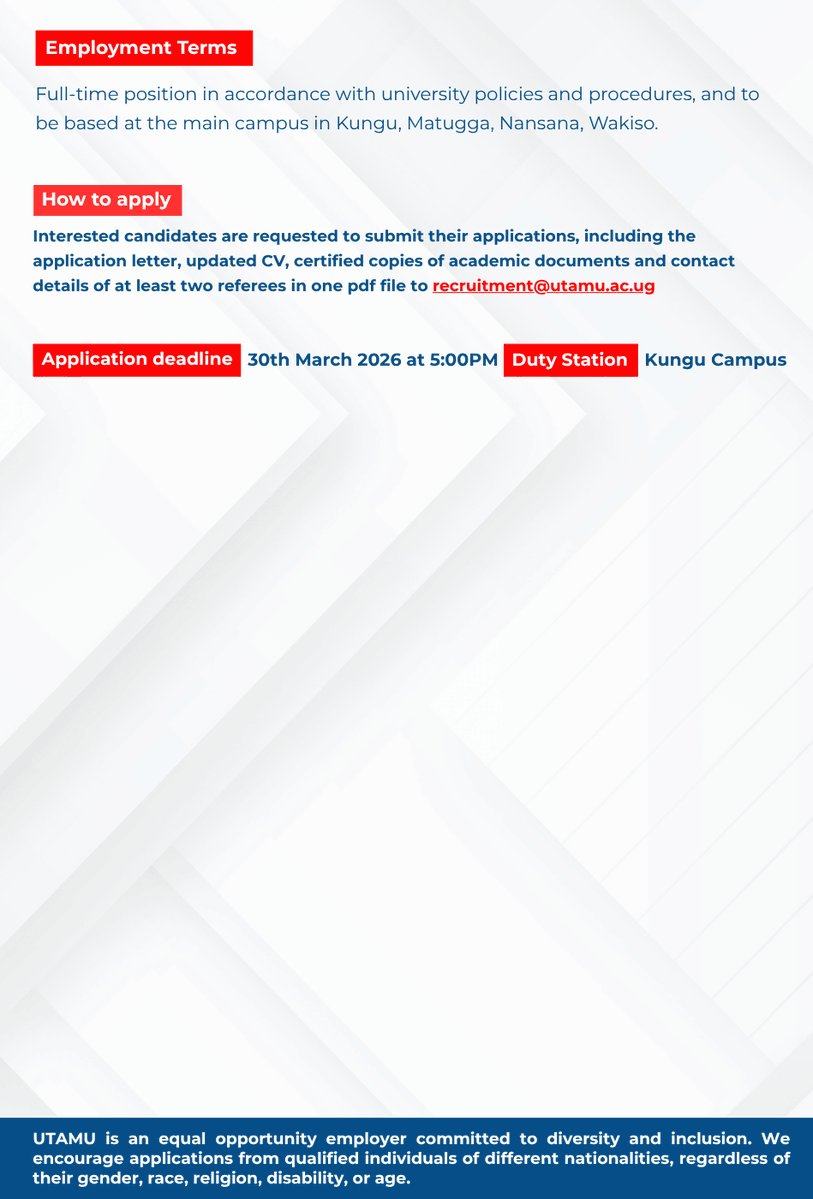 jobsinugandanow's tweet image. EMPLOYMENT OPPORTUNITY!!      

Universal Technology and Management University (UTAMU) invites applications from qualified and experienced professionals for the position of Lecturers in the School of Technology, Computing &amp;amp; Engineering. #HiringNow #Hiring #JobOpportunity
@utamu_7