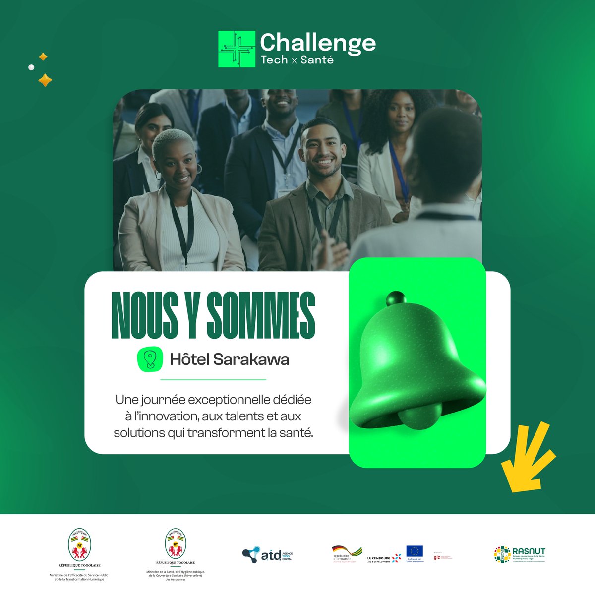 Togodatalab's tweet photo. đ La Grande Finale du Challenge Tech SantĂ© a dĂ©marrĂ© !
đ Si vous ĂȘtes inscrit(e), rejoignez-nous dĂšs maintenant Ă lâHĂŽtel Sarakawa pour vivre ce moment fort du Challenge Tech SantĂ©.
#ChallengeTechSanté #MESPTN #MSHPCSUA #TogoDataLab #ATD #InnovationSanté #TechPourLaSanté https://t.co/Qr54fhuKk4