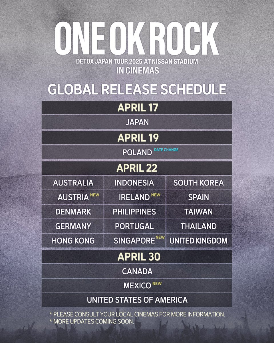 ONE OK ROCK DETOX JAPAN TOUR 2025
AT NISSAN STADIUM IN CINEMAS

🌍 Third round of global release countries announced!

The energy is unstoppable. ⚡️
We are thrilled to bring the legendary Nissan Stadium experience
to even more fans all around the globe.

Check the updated list