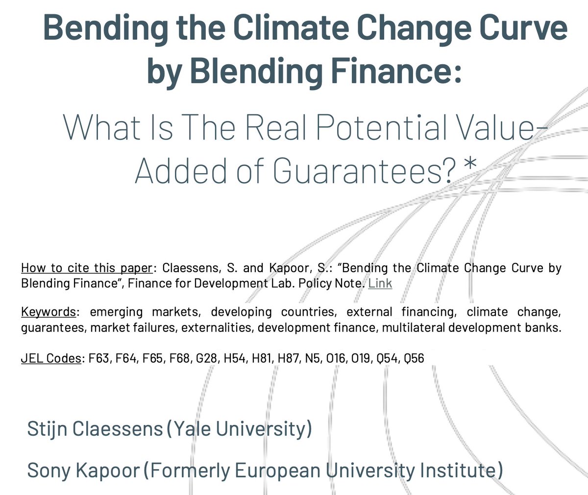 Everyone says guarantees can “unlock trillions” for climate finance. 

But can they really? 🧵

In a new paper, Stijn Claessens and I look at what guarantees can actually do for climate finance in developing economies. 

findevlab.org/wp-content/upl…