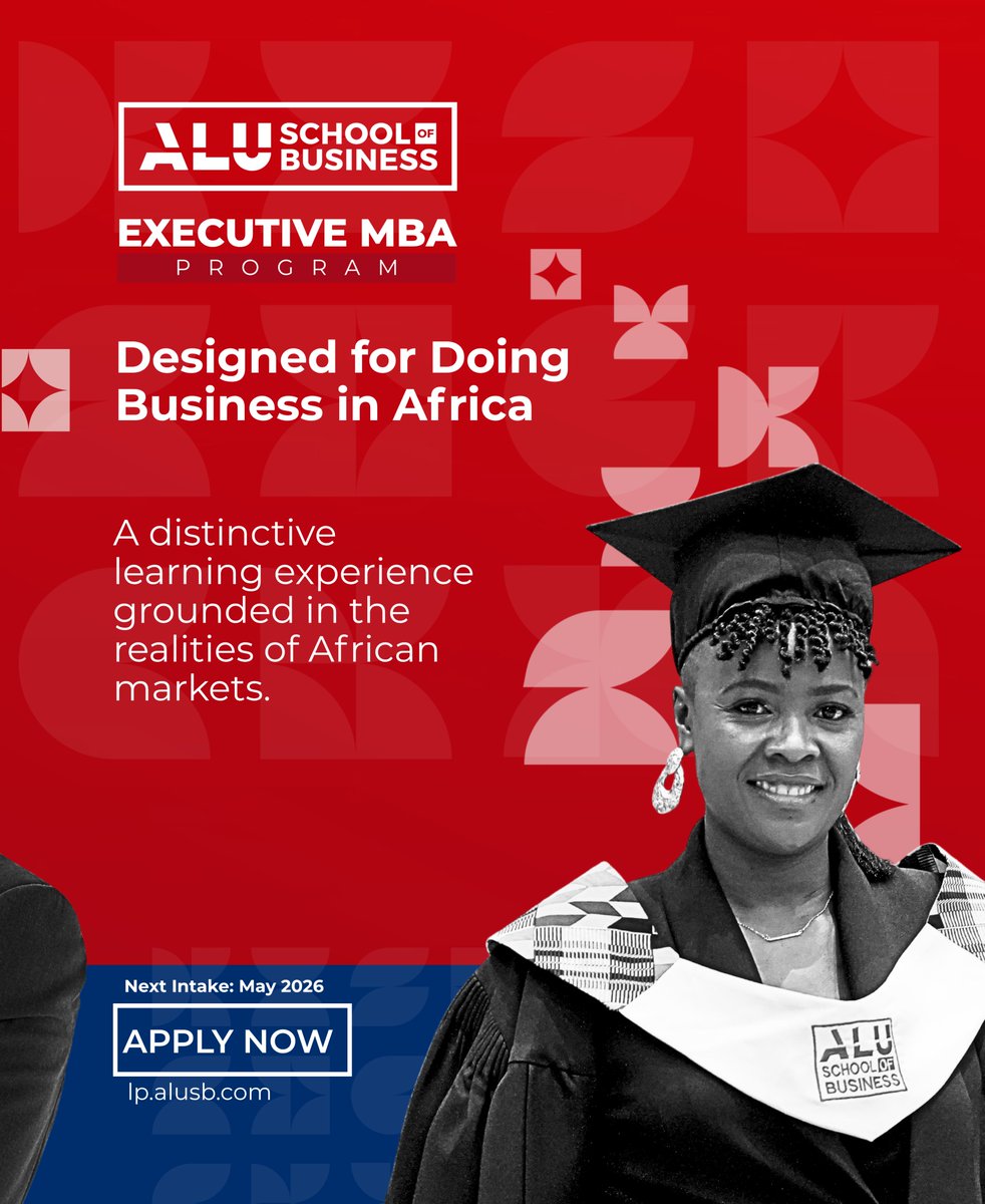 alusbusiness's tweet photo. The next chapter of your leadership journey starts here. 

Africa is not waiting, and neither should you.

The ALU School of Business Executive MBA is designed for bold leaders who are ready to drive transformation across the continent and beyond. With a curriculum built for the realities of African business, a powerful peer network, and world-class faculty, this is more than a degree. It's a launchpad.

Built for working executives, this Africa-focused and globally relevant program empowers you with the skills, network, and vision needed to lead at the highest level.

Applications are open. Your seat at the table is waiting.

Apply now: https://t.co/AUUzDYv3Ok

#ALUSB #ExecutiveMBA #ALUSchoolOfBusiness #AfricanLeadership #EMBA #LeadFromAfrica