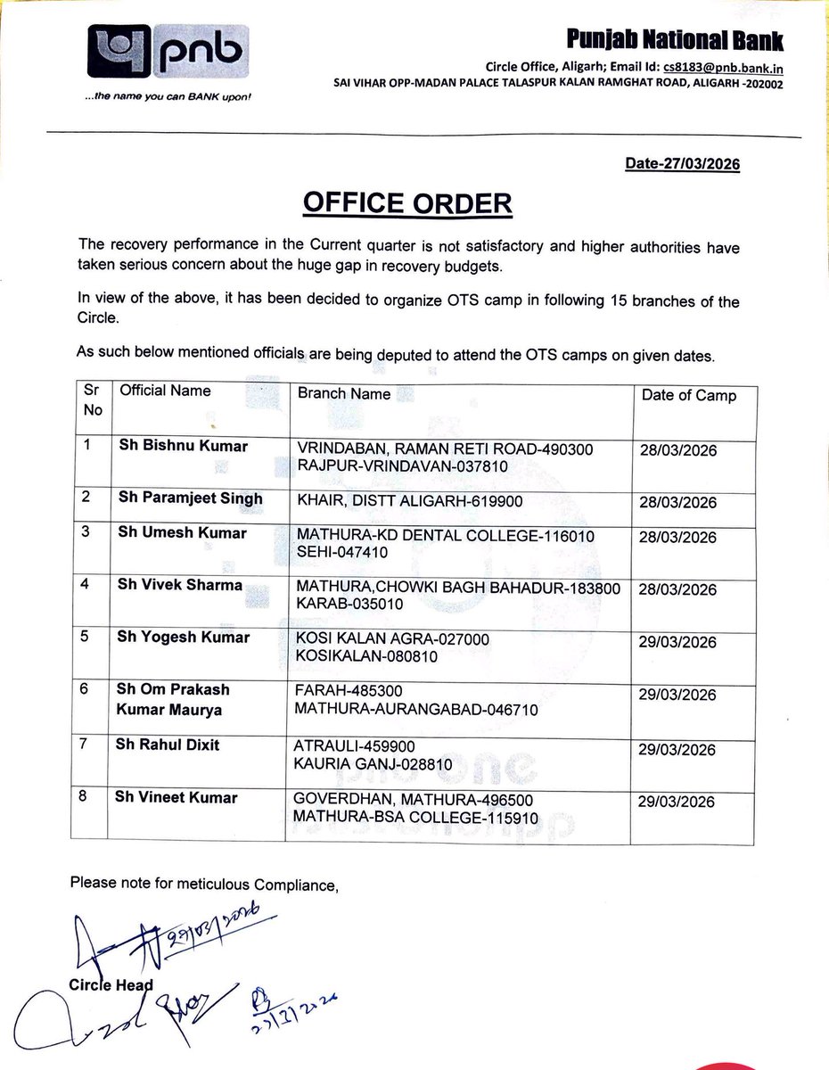 iNitinTyagi's tweet photo. 🚨HOLIDAY SLAVERY IN PNB: CIRCLE HEAD ANIL CHAUDHRY FORCES STAFF TO WORK FOR TARGETS

A slavery office order from @pnbindia Aligarh Circle exposes the harsh ground reality under Circle Head Anil Chaudhry.

Bankers have been deputed for OTS camps on 28th and 29th March 2026, including holidays.

Let that sink in: When there is no official banking on holidays, why are employees being forced to report?

→ This is not banking, only exploitation.
→ This is not about recovery.
→ This is about year end pressure, PLI greed, and promotion race.

OTS at the last moment is nothing but:
→ NPA window dressing
→ Artificial recovery show
→ Target fulfilment at any human cost

Branches can handle OTS during working days. Then why this forced attendance on holidays? Because ground reality is:

Employees are being pushed beyond limits
Holidays are being treated as optional
Human dignity is being ignored

And the biggest contradiction:
PNB CMD says no extra working hours
But circle leadership under Anil Chaudhry is:
→ Forcing work on holidays
→ Ignoring employee rights
→ Openly defying the spirit of CMD’s message

This is not leadership. This is pressure driven misuse of authority. If PNB continues like this, it clearly shows one thing:

Targets matter more than people.

This order must be withdrawn.
This exploitation must stop.

@DFS_India @CLCMOLE @UPGovt 
#bankersvoice