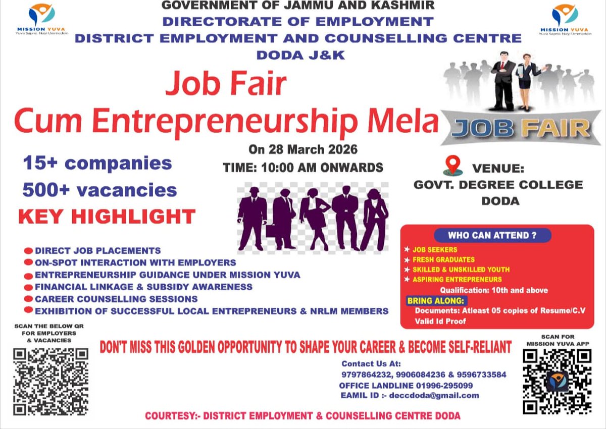 CentreDoda's tweet image. Job Fair cum Entrepreneurship Mela at Doda
28 Mar | 10 AM | GDC Doda
15+ companies | 500+ vacancies
Don’t miss this chance to kickstart your career!
#JobFair #Doda #MissionYUVA #Careers