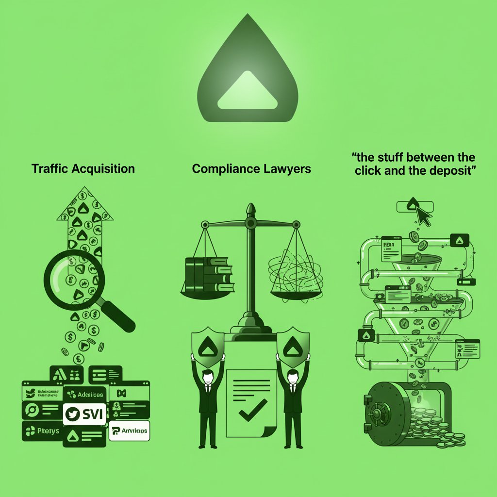 absinthenetwork's tweet photo. By 2027, most crypto marketing budgets will go to three things: traffic acquisition, compliance lawyers, and whatever we're calling "the stuff between the click and the deposit" by then. https://t.co/JBpFW6F0fl