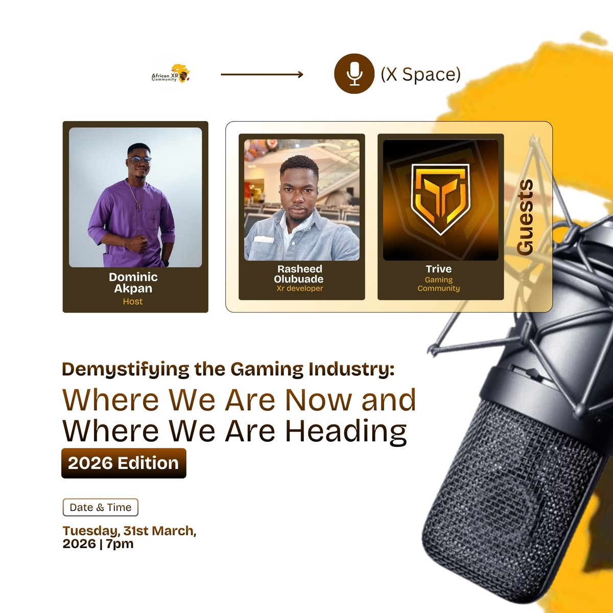 AfricanXRCom's tweet photo. The gaming industry is rapidly evolving. 

Join us next Tuesday on X Space to discuss its current state, future directions, and opportunities, especially in XR and Africa.

Date: Tuesday, 31 March, 7PM
Link: https://t.co/oBzU1AVwi7 https://t.co/DtMe30uNYb