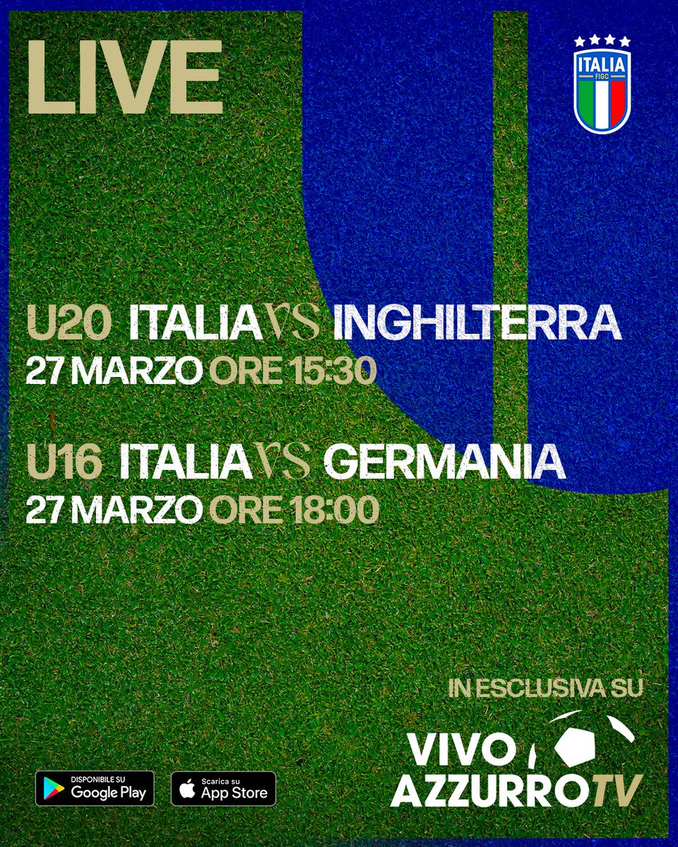 Azzurri's tweet image. Oggi, su 𝗩𝗶𝘃𝗼 𝗔𝘇𝘇𝘂𝗿𝗿𝗼 𝗧𝗩 🎬🍿

🇮🇹🏴󠁧󠁢󠁥󠁮󠁧󠁿 ITALIA 🆚 INGHILTERRA 
#Under20 - H 15.30 🕒

🇮🇹🇩🇪 ITALIA 🆚 GERMANIA 
#Under19 - H 18.00 🕔

Scarica l’app ➡️ app.vivoazzurrotv.it

#Azzurrini #VivoAzzurro