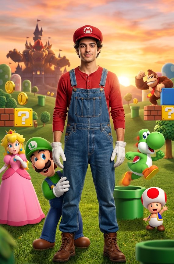 Real-World Mario Amid a Lively Mushroom Kingdom - PromptGather image 1