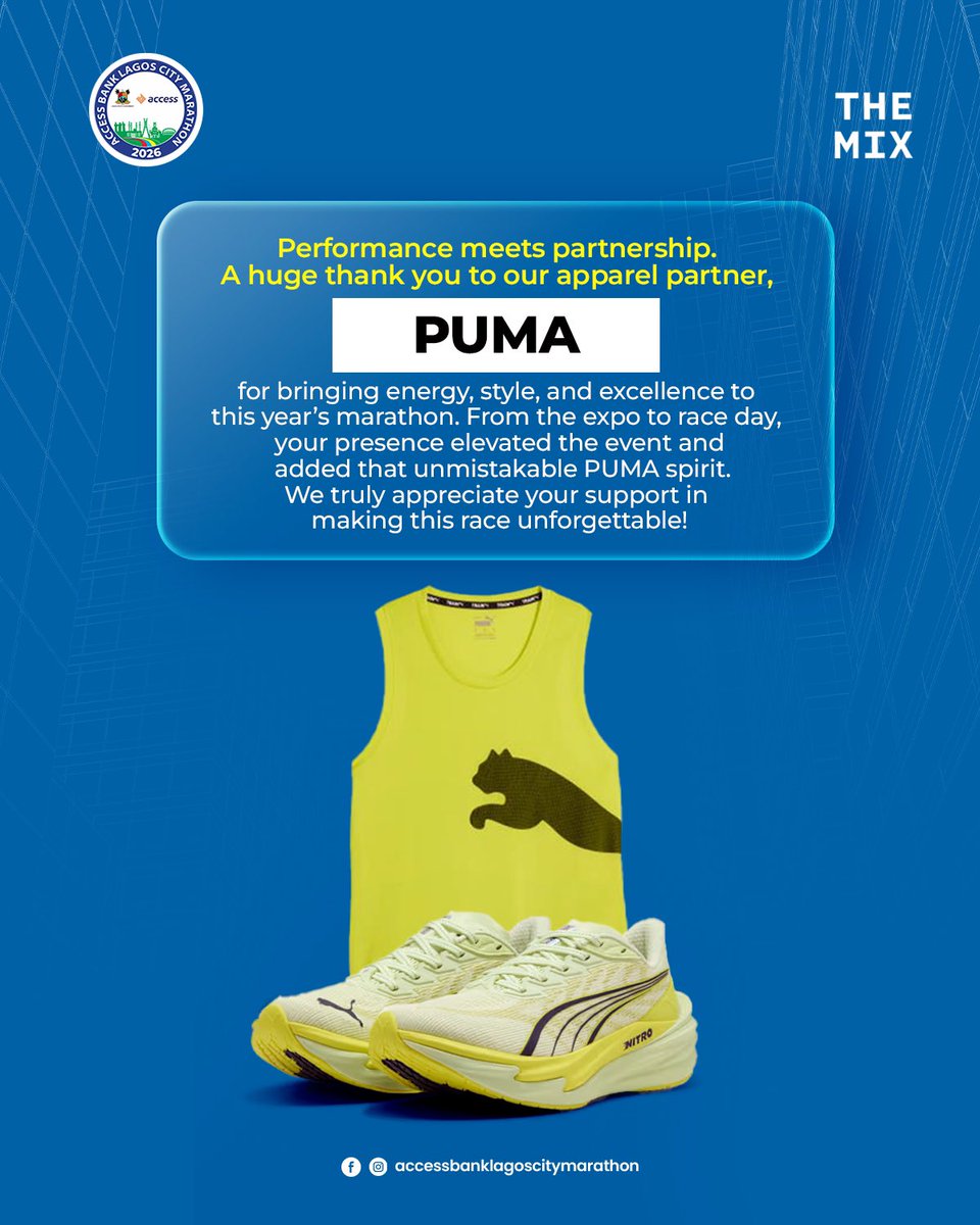 lagosmarathon's tweet photo. Some partnerships don’t just support the moment… they drive it.
With every stride, Puma brought performance, innovation, and undeniable style to the forefront as our official apparel partner.
#ABLCM2026 #RunLagos #ForeverFaster #newstepsfreshgoals https://t.co/GC15G0JGM9