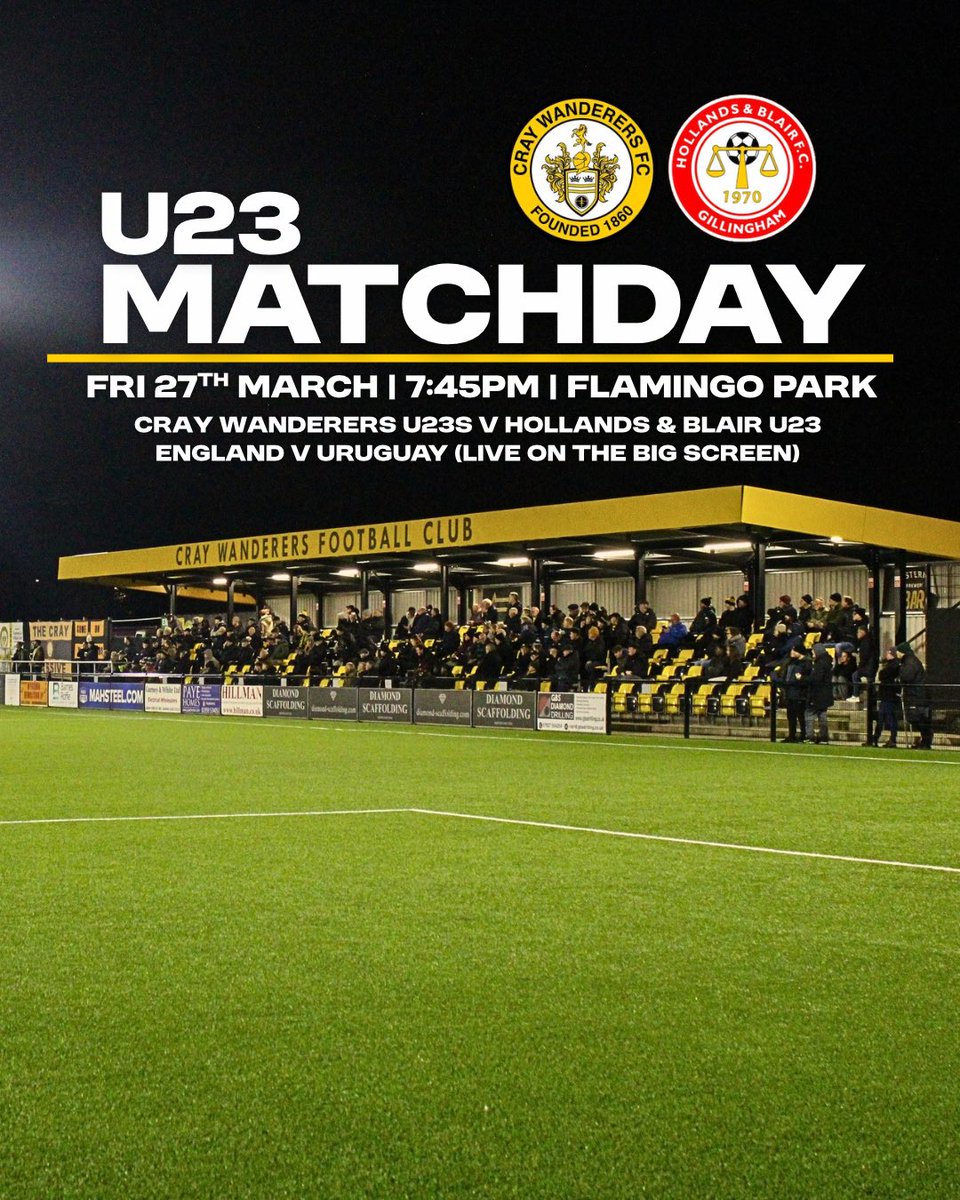 OfficialWands's tweet photo. U23 MATCHDAY

It’s a top 2 clash for the U23s at Flamingo Park this evening! 🟡⚫️

🆚 Hollands &amp; Blair U23
⏰ 7:45pm
📍 Flamingo Park

🍔 Bar &amp; kitchen open from 5pm
📺 England v Uruguay live on the big screen

#cwfc #coyw https://t.co/VLEW7hI5r8