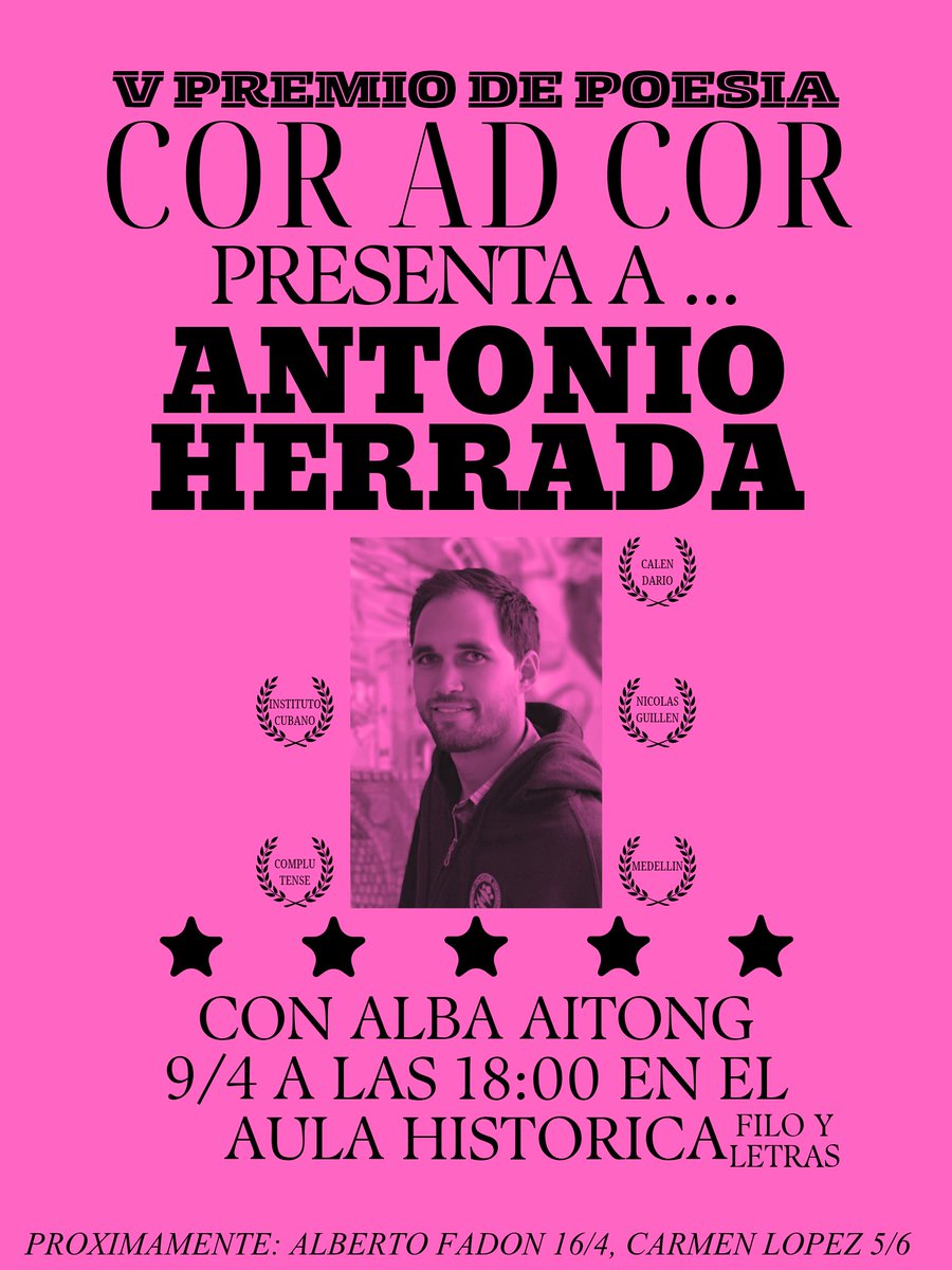 Continúan las lecturas de los ganadores del V Cor Ad Cor apadrinados por lo flor y la nata de la poesía joven.

A la vuelta de la Semana Santa, más.