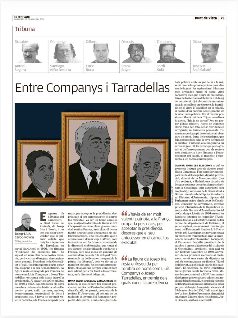 CarodRoviraJLl's tweet photo. El meu article sobre el president Josep Irla, avui, a @elpuntavui, als 150 anys del seu naixement. https://t.co/9T7tyuaSuH