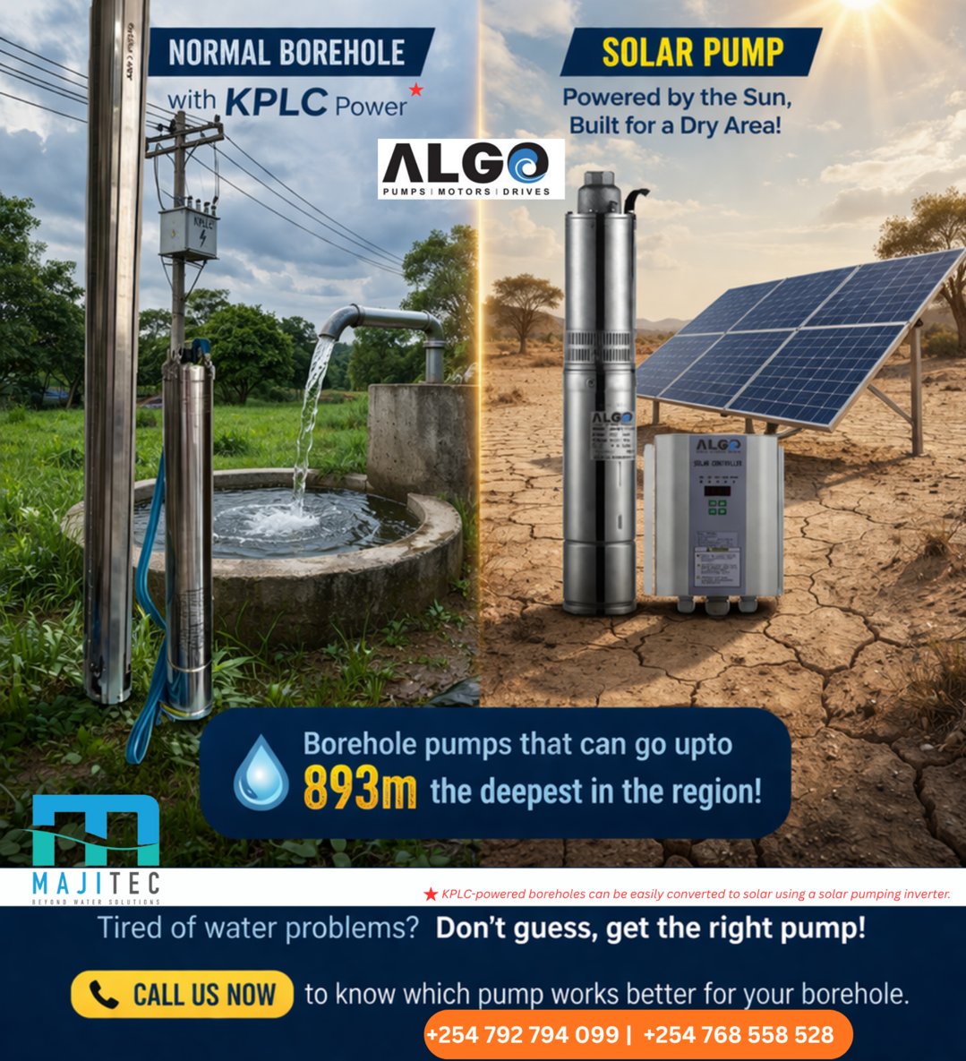 Looking for a powerful and durable borehole pump?💧
ALGO Stainless Steel Borehole Pumps are built to perform — reaching depths of up to 893 meters!

Reach out now and let us help you choose the perfect solution for your borehole.

#BoreholePumps #SolarPumps #ALGO #DeepWellPumps