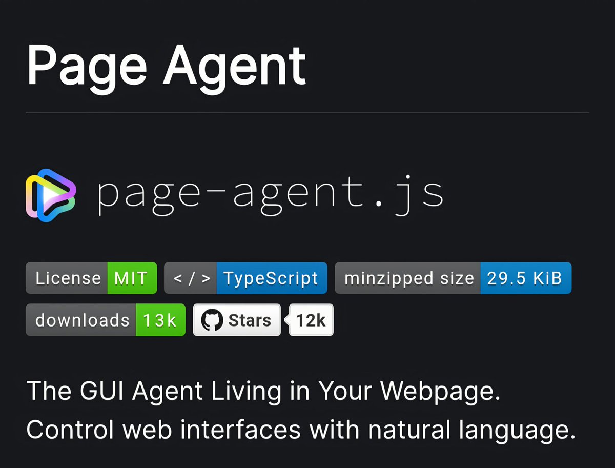 PrakashS720's tweet photo. 🚨 Breaking: Alibaba just killed the browser automation stack.

**page-agent.js** — a GUI agent that lives directly inside your webpage. No Selenium. No Puppeteer. No Chrome extension. No Python backend. Just one script tag.

It reads your DOM as text (no screenshots, no multimodal BS), brings your own LLM, and executes natural language commands like "fill out this form" or "click login" — right inside the page.

The use cases are genuinely insane:
→ Ship an AI copilot in your SaaS in literally lines of code
→ Turn 20-click ERP/CRM workflows into one sentence
→ Make any legacy web app accessible via voice or natural language

12k stars. MIT licensed. Built on top of browser-use internals — but without any of the setup overhead.

This is what "AI-native UX" actually looks like in practice

Link in comments👇