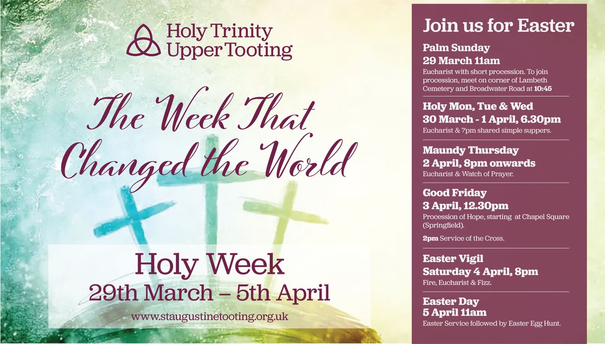 StAugustineSW17's tweet photo. 🌿 Holy Week at St Augustine’s Tooting (29 Mar–5 Apr)

Journey from Palm Sunday to Easter Day with us: worship, reflection &amp; celebration.

✝️ Good Friday
🔥 Easter Vigil (Sat 8pm)
🌸 Easter Day + Egg Hunt (11am)

All welcome 💛
https://t.co/i4kbiTELDV 

https://t.co/i4kbiTELDV https://t.co/djLjwXSfiE