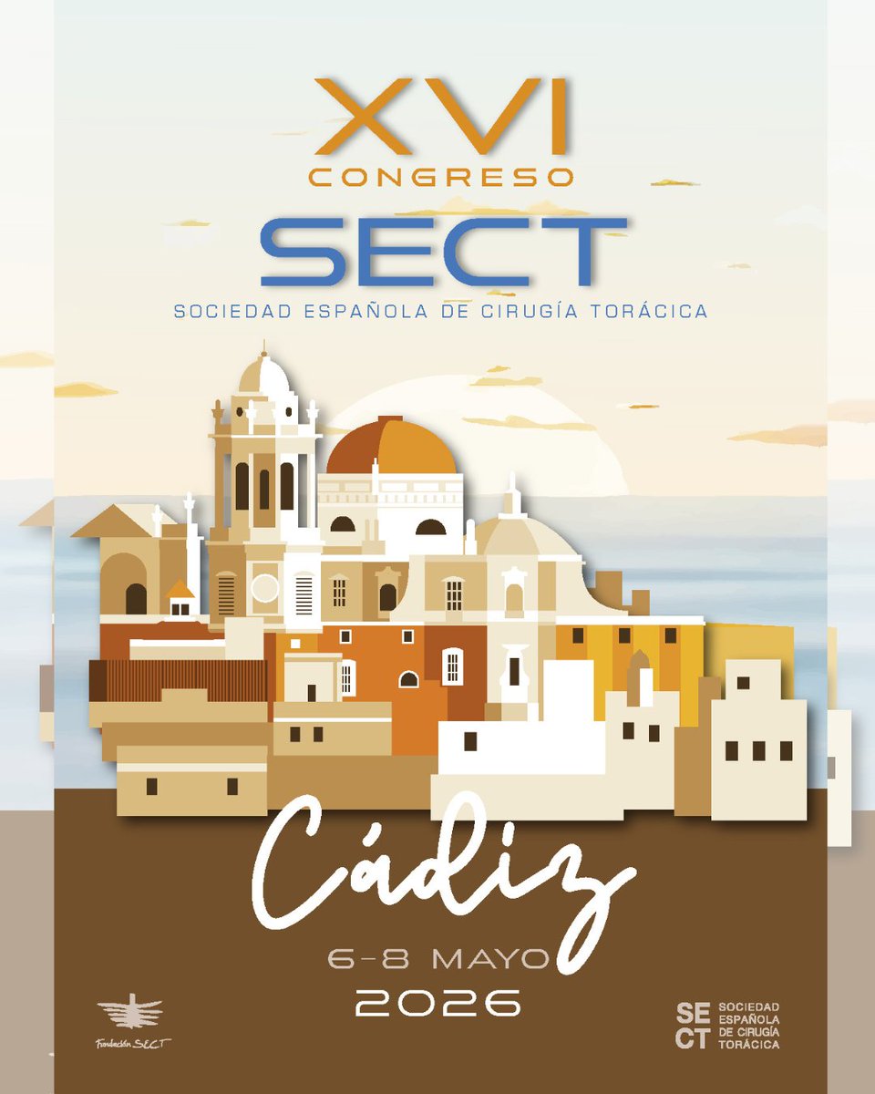 SECTtoracica's tweet photo. Comienza la cuenta atrás... #SECT2026 👋
☀️ XVI Congreso Nacional de la Sociedad Española de Cirugía Torácica 
🗓️ 6-8 de mayo 2026
📍 En Cádiz 🌊

💯 Con un ambicioso programa científico de alto nivel, que contará con la participación de ponentes de reconocido prestigio, y que abordará los temas de mayor actualidad e interés para el presente y futuro de la #cirugíatorácica

🎓 El Congreso pretende ser, una vez más, un espacio de #actualización, #formacion, intercambio de conocimiento y participación activa de todos los socios.

🫂 Será, por tanto, un auténtico placer recibiros en Cádiz para compartir unos días de #ciencia, reflexión y convivencia, reforzando los lazos profesionales y personales que caracterizan a nuestra Sociedad.

🩵 Porque Cádiz no se explica, Cádiz se siente
🙌 Nos vemos en #SECT2026

✅ Inscripción: https://t.co/DF0TSGMiNg