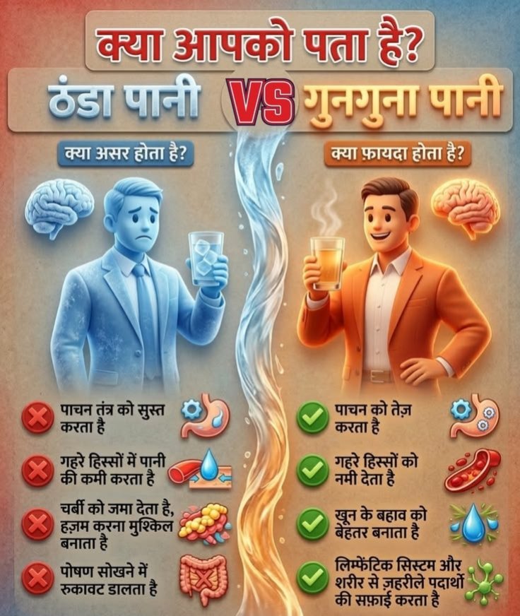 HardikP97613658's tweet photo. इस में ठंडा पानी और गुनगुना पानी के बीच तुलना दिखाई गई है।

यह जानकारी लोगों को स्वास्थ्य के प्रति जागरूक करने के लिए दी गई है।
चित्र के अनुसार ठंडा पानी शरीर पर नकारात्मक प्रभाव डाल सकता है।
कहा गया है कि ठंडा पानी पाचन तंत्र को धीमा कर देता है।

इसके कारण खाना सही तरीके से पच नहीं पाता।
ठंडा पानी शरीर के अंदरूनी हिस्सों में पानी की कमी पैदा कर सकता है।
यह भी बताया गया है कि ठंडा पानी चर्बी जमा करने में मदद करता है।
जिससे मोटापा बढ़ने की संभावना रहती है।

ठंडा पानी पोषक तत्वों के अवशोषण में बाधा डाल सकता है।
इसलिए इ���े कम मात्रा में पीने की सलाह दी जाती है।

दूसरी तरफ गुनगुना पानी के कई फायदे बताए गए हैं।
गुनगुना पानी पाचन क्रिया को बेहतर बनाता है।
यह शरीर के अंदर नमी बनाए रखने में मदद करता है।

गुनगुना पानी रक्त प्रवाह को सुधारता है।
इससे शरीर में ऊर्जा बनी रहती है।
यह शरीर से विषैले पदार्थों को बाहर निकालने में सहायक होता है।

गुनगुना पानी लिंफैटिक सिस्टम को भी सपोर्ट करता है।
इससे शरीर की इम्युनिट��� मजबूत होती है।

सुबह खाली पेट गुनगुना पानी पीना खास फायदेमंद माना जाता है।
हालांकि यह ध्यान रखना जरूरी है कि हर व्य��्ति का शरीर अलग होता है।
ठंडा पानी तुरंत नुकसानदायक नहीं होता, लेकिन अधिक मात्रा में नुकसान कर सकता है।

गर्मी के मौसम में ठंडा पानी राहत देता है।
वहीं गुनगुना पानी रोजमर्रा की आदत में शामिल करना बेहतर होता है।

डॉक्टर भी सामान्य तौर पर गुनगुना या सामान्य तापमान का पानी पीने की सलाह देते हैं।
हमें संतुलन बनाकर पानी का सेवन करना चाहिए।

किसी भी चीज की अति नुकसानदायक होती है।
इसलिए सही जान���ारी और समझ के साथ आदत बनाना जरूरी है।

अंत में कहा जा सकता है कि गुनगुना पानी स्वास्थ्य के लिए ज्यादा लाभकारी माना जाता है।
#HealthTips