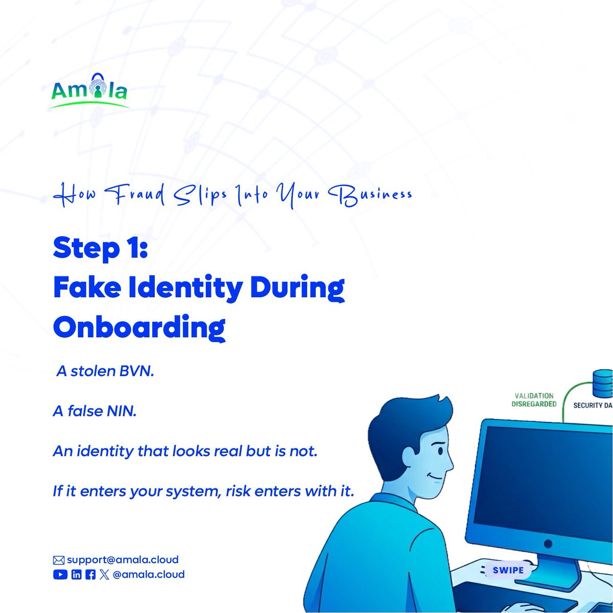 amala_cloud's tweet photo. Fraud does not begin with money. 
It begins with identity. 

Fix the first step. Reduce the long term loss.

#identityverification #NIN #BVN #amalacloud #fraud https://t.co/YqA4qKgPEu