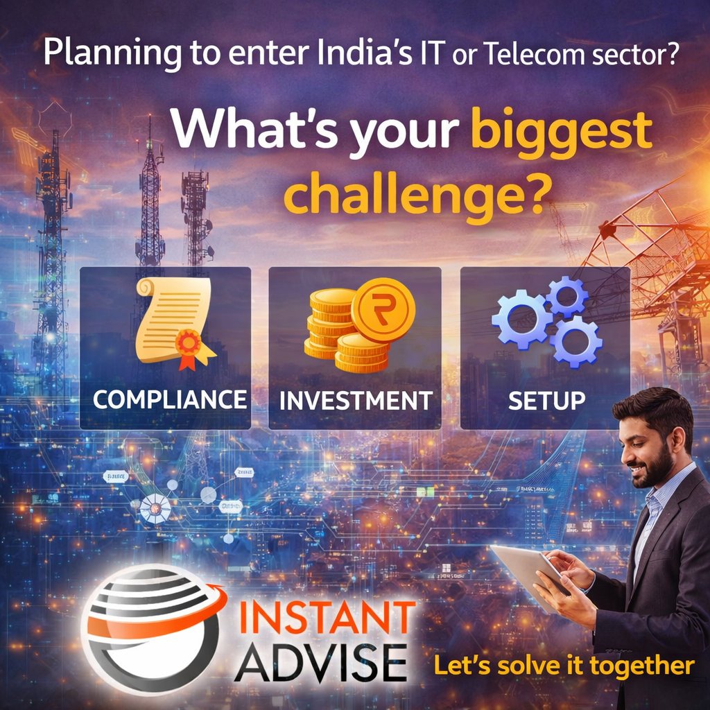Planning to enter India’s IT or Telecom sector?

What’s your biggest challenge
👇 📜 Compliance
💰 Investment
⚙️ Setup Let’s solve it together — Instant Advise

instantadvise.com/india-market-e…

#Engagement #ITBusiness #India #market #business #legal #InstantAdvise