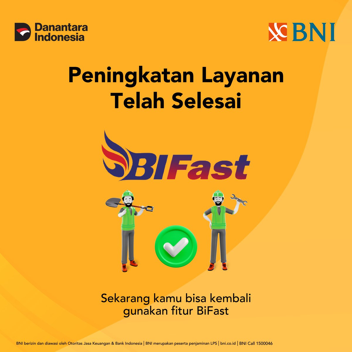 BNI's tweet photo. Peningkatan layanan BIFast BNI telah selesai dilakukan! 🎉 Nasabah kini dapat kembali menggunakan layanan BI-Fast dengan normal. Terima kasih atas kesabaran dan pengertiannya selama masa peningkatan ini. Nikmati kemudahan bertransaksi dengan BIFast!

#BNI46 #BIFast https://t.co/TfriTJl6VY