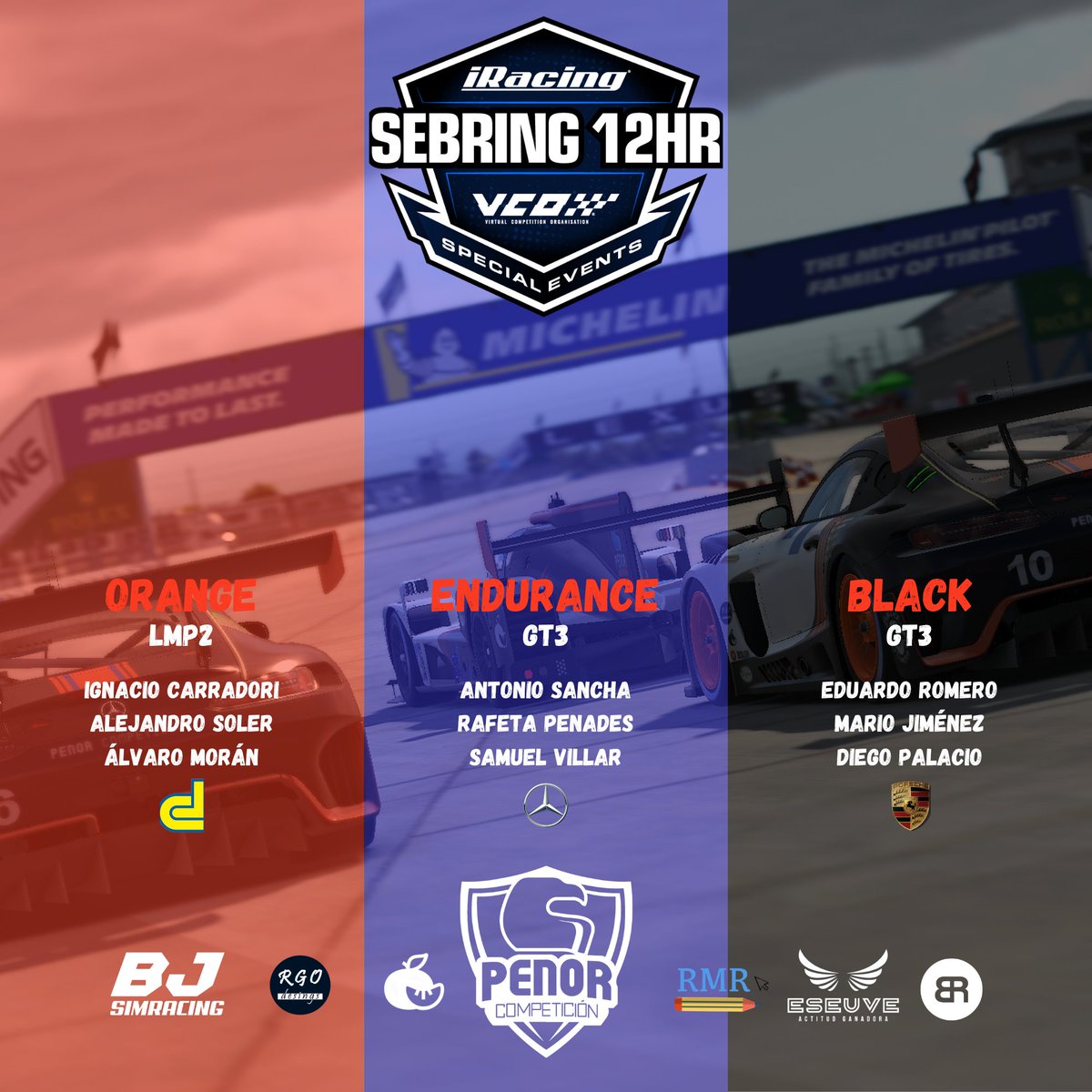 PenorAC's tweet photo. ¡Mañana, asalto a las 12h de Sebring! 🇺🇸🏁 3 equipos de @PenorAC  listos para el Special Event de iRacing.

🕗 Split: 08:00h (28/03) 
🏎️ Alineaciones y máquinas en las fotos
¡Vamos Penor! 🔥🚀 
#iRacing #Sebring12 #PenorCompeticion https://t.co/bL5xNIcEBO