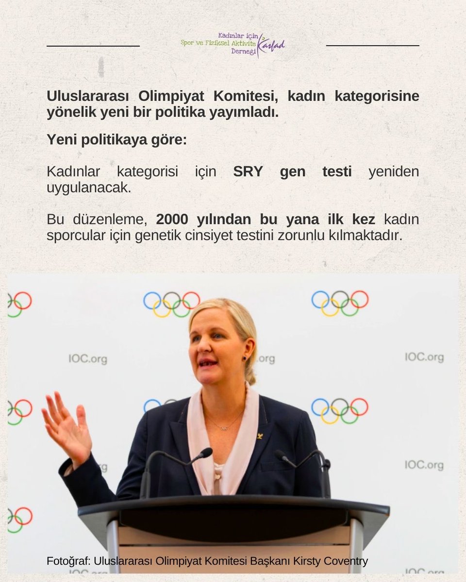 KASFAD_'s tweet photo. Uluslararası Olimpiyat Komitesi, kadın kategorisine yönelik yeni bir politika yayımladı.

Kadınlar kategorisi için SRY gen testi yeniden uygulanacak.

Bu düzenleme, 2000 yılından bu yana ilk kez kadın sporcular için genetik cinsiyet testini zorunlu kılmaktadır. https://t.co/bmxFTWwKy5