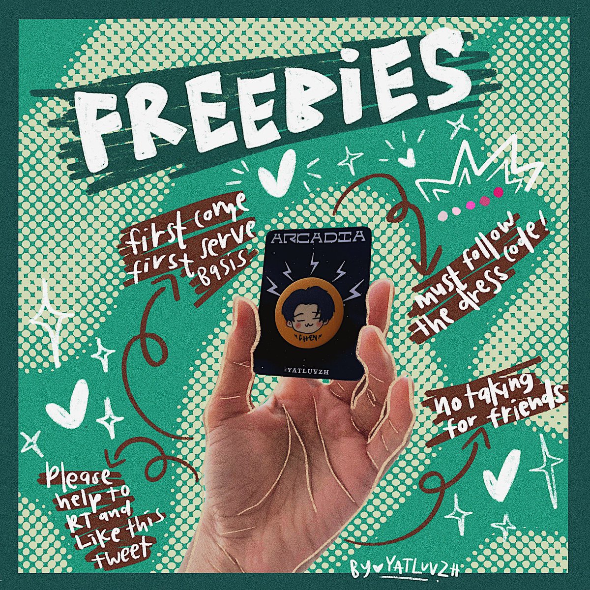 #RiangRiaJD #ArcadiaInMY #ArcadiaInKL #CHENinMY #CHENinKL ㅡ freebies by <a href="/YatLuvZH/">Yat 🌻</a> 

Hii. I’ll be giving out button badge freebies during the concert!🌻✨

🦖 Please help to RT+ Like this tweet 
🦖 Location TBA: Please check this tweet’s QRT or dm!
🦖 Must follow the dress code💖