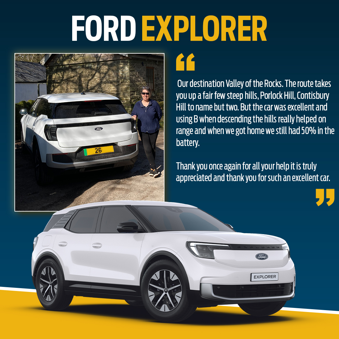 Hills_Ford's tweet photo. The ultimate exploring machine! ⚡👌

Great to hear our Malvern customers, Tracey &amp; Paul had a fantastic break in Exmoor with their All-Electric #FordExplorer. Once you get to know the car the possibilities are endless. 🌄 

#CustomerTestimonial #AllElectricFordExplorer https://t.co/EqHC80ejGL