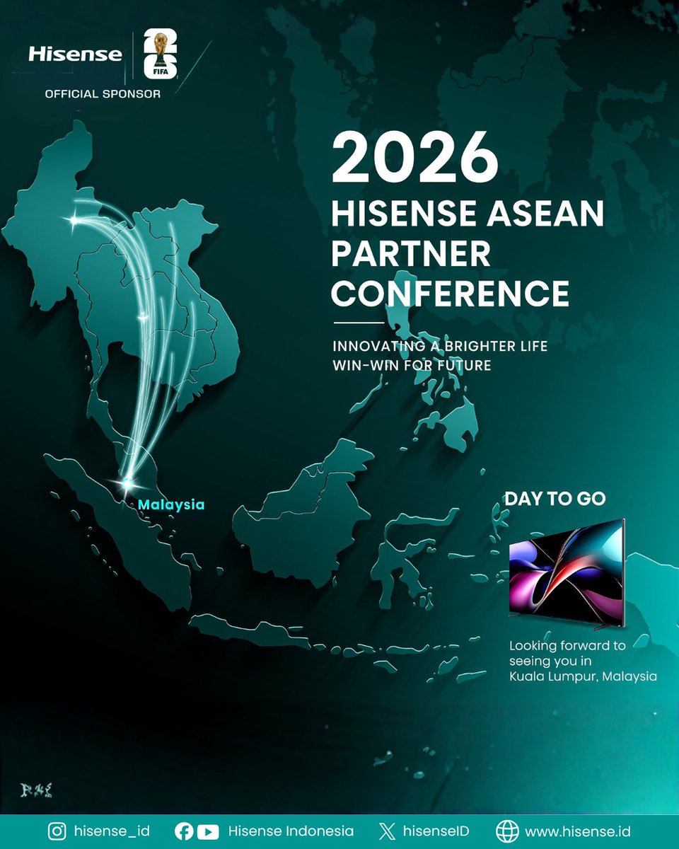 HisenseID's tweet photo. Sebentar lagi #HisenseASEAN2026 🇲🇾
TV flagship Hisense hadirkan hiburan imersif,
dengan visi masa depan bersama di 10 negara ASEAN.
Let’s start the next chapter—together! ✨
#InnovatingABrighterLifeWinWinForFuture #FIFAWorldCup #PartnerConference https://t.co/hNj9DfX9jR