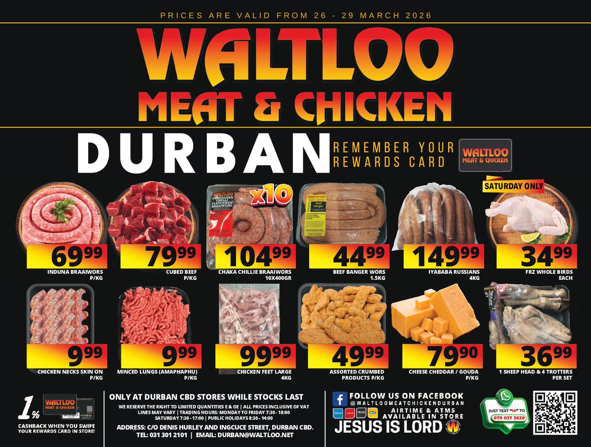 IsolezweNews's tweet photo. Isikhangiso | Amadili ashisayo kwa-Waltloo Meat & Chicken Durban.
https://t.co/5S7y8pCFiE
#WaltlooMeatandChicken #Durban #HotDeals #Waltloo https://t.co/6IN5xNiC4V