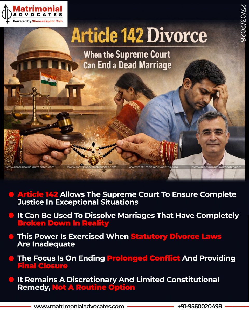 Matrimony_Advo's tweet photo. Article 142 empowers the Supreme Court to end dead marriages when law and procedure fail—preventing years of litigation from becoming punishment. 

Used sparingly, but decisively where justice demands closure.

Read more: https://t.co/tuJnDoSt2d

#Article142 #SupremeCourt https://t.co/N8GpjbUlXR