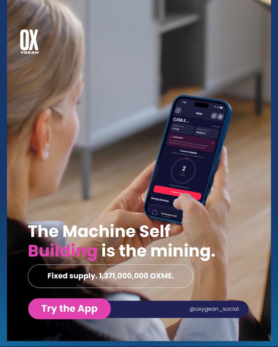OXygean_app's tweet photo. No electricity. No hardware. Just Your Phone.
Just 4 minutes of your day. ⏳
You are the mining OXME!💗
🔗 Build your Machine Self — link in bio.
#OXME #OX #crypto #ai #tech https://t.co/ilWx0Frfkm