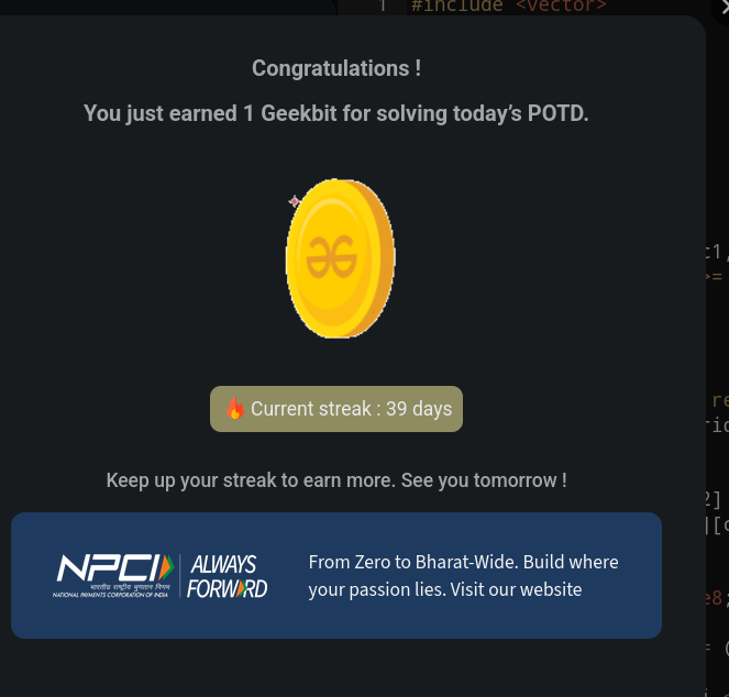 Harshit42077's tweet photo. Day 39 of 60 days challenge on GeeksforGeeks — small steps every day lead to big results🚀 
Today solve a problem of "Chocolates Pickup". It was very tricky and helpful to learn code. A great thank you to @geeksforgeeks and @NPCI_NPCI for this support.
#geekstreak60
#npci
#POTD https://t.co/7Katb9uCsW