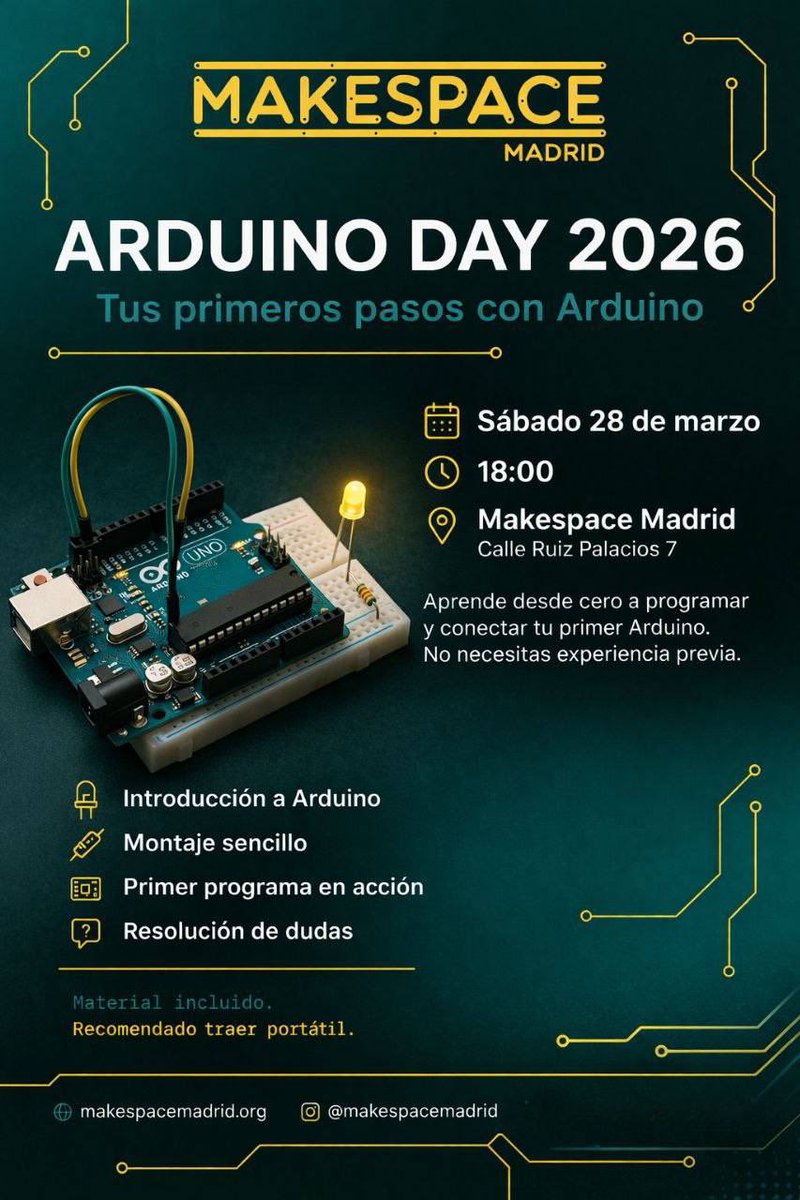 Nuestros colegas de <a href="/MakespaceMadrid/">Makespace Madrid</a>  harán un <a href="/arduino/">Arduino</a> Day este sábado. !Si quieres aprender qué es y cómo usar Arduino no dudes en venir! #ArduinoDays2026