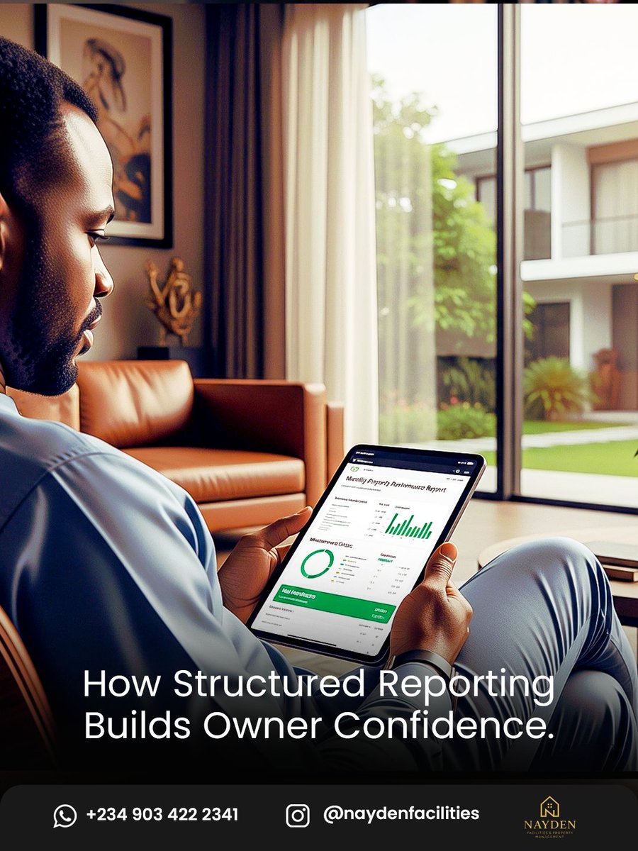 NaydenFM's tweet image. As a property owner, you deserve clarity. 
Monthly reports. 
Maintenance updates. 
Financial summaries. 
When reporting is structured, trust increases and surprises 
reduce. 
#FacilityExperts 
#PropertyTransparency 
#LagosEstates
 #InvestmentProtection