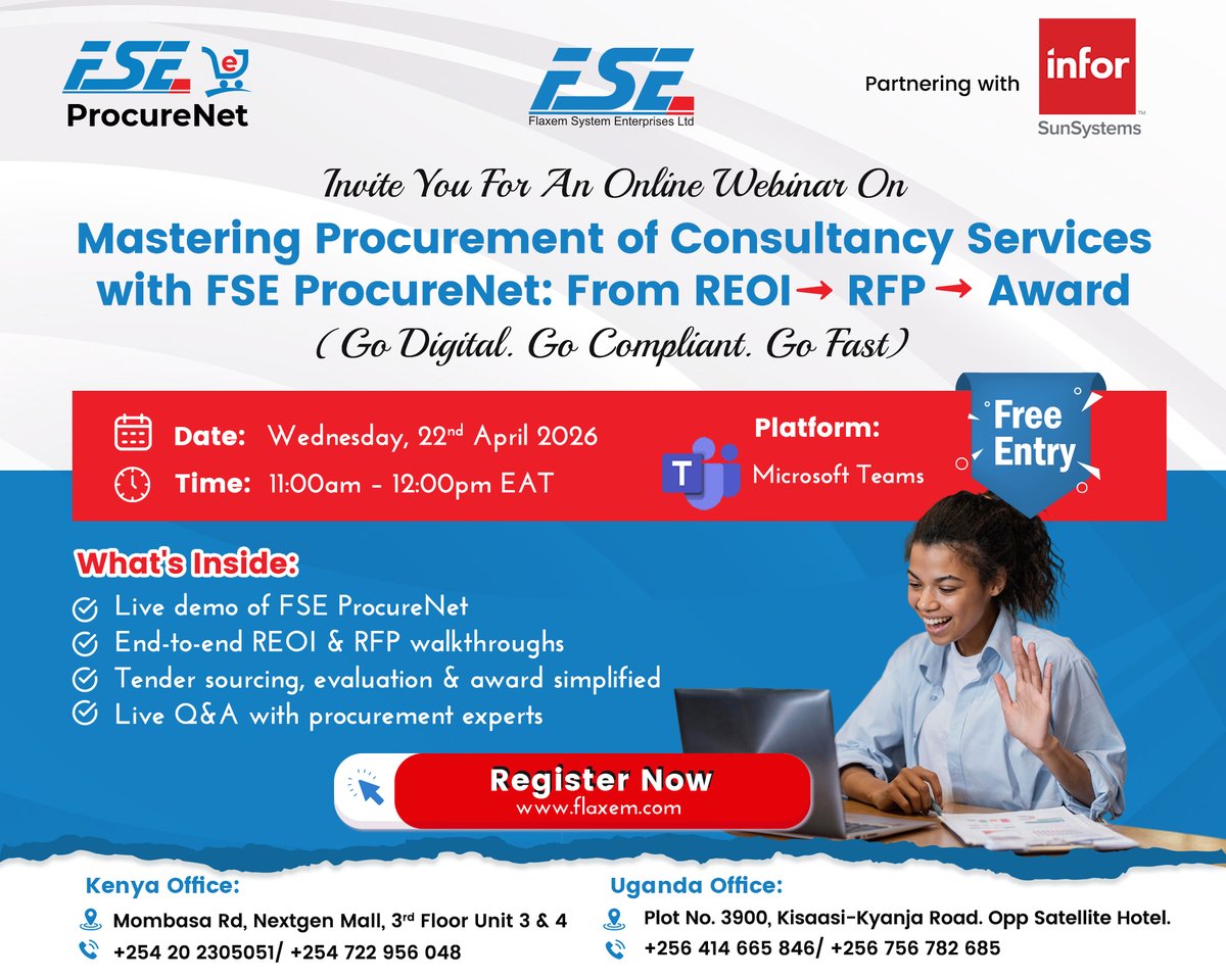 flaxemsystem's tweet photo. Join us for a FREE live webinar and Demo of FSE ProcureNet—our end-to-end e-procurement System.
Topic: “Mastering Procurement of Consultancy Services with FSE ProcureNet": From REOI → RFP → Award.
Who Should Attend: Procurement, Finance, Project , NGOs and  Corporate Managers. https://t.co/p3yuqcN5Lr