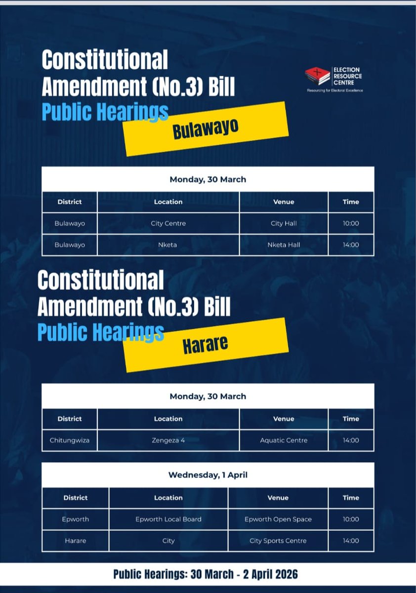 ercafrica's tweet image. Participation Starter Pack - Constitutional Amendment (No. 3) Bill Public Hearings

Know your rights......Harare, Bulawayo, Midlands, Matebeleland South, Mashonaland West Venues

#ElectionsZW