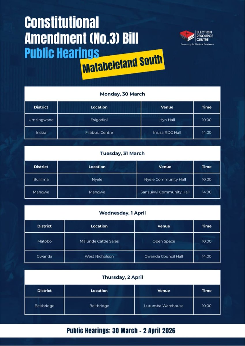 ercafrica's tweet image. Participation Starter Pack - Constitutional Amendment (No. 3) Bill Public Hearings

Know your rights......Harare, Bulawayo, Midlands, Matebeleland South, Mashonaland West Venues

#ElectionsZW