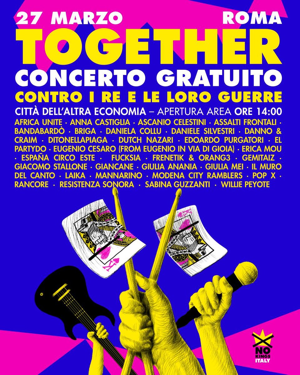Oggi dalle 15.30 in poi alla Città dell'altra economia di Roma "Together", concerto gratuito contro i re e le loro guerre. La line up completa 👇