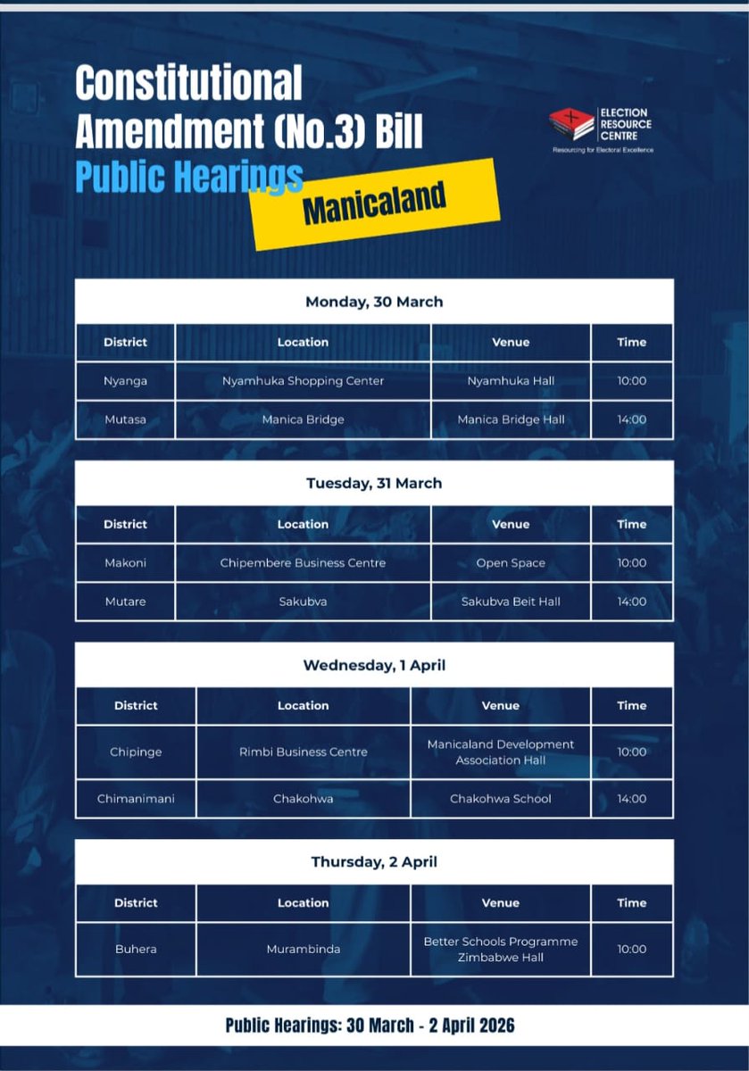 ercafrica's tweet image. Participation Starter Pack - Constitutional Amendment (No. 3) Bill Public Hearings  

Know your rights........Manicaland Venues

#ElectionsZW