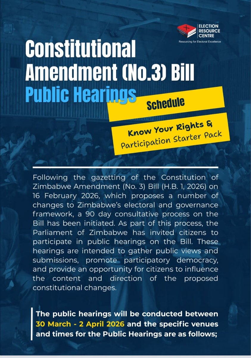 ercafrica's tweet image. Participation Starter Pack - Constitutional Amendment (No. 3) Bill Public Hearings  

Know your rights........Manicaland Venues

#ElectionsZW