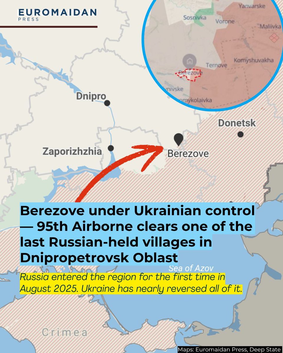 Ukraine's 95th Airborne Brigade has taken full control of Berezove — one of the last Russian-held villages in Dnipropetrovsk Oblast, a region Russia only entered for the first time in August 2025.

The village sits where three oblasts meet — exactly the terrain Russia needed for