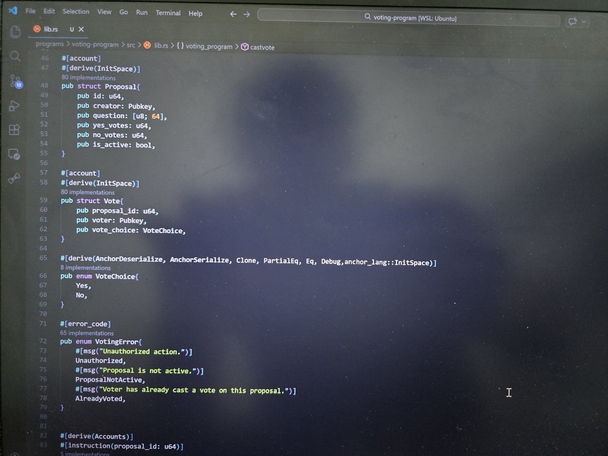 0xAbhiDev's tweet photo. Day 52/100 :  
Another day, another smart contract built! 
Today I successfully wrote a fully functional on-chain Voting Program from scratch using Rust and the Anchor framework.

​Here are the technical wins from today’s build:

• Designed distinct PDAs for both Proposals and individual Votes (using voter pubkeys as seeds) to naturally prevent double-voting.
• Implemented safe math (checked_add) to secure vote tallies against overflow vulnerabilities.
• Built clean custom Enums for Yes/No choices and mapped out strict custom Error codes.
• Mastered complex account validation macros with multi-variable seed derivations.

Anchor made writing smart contracts super easy.