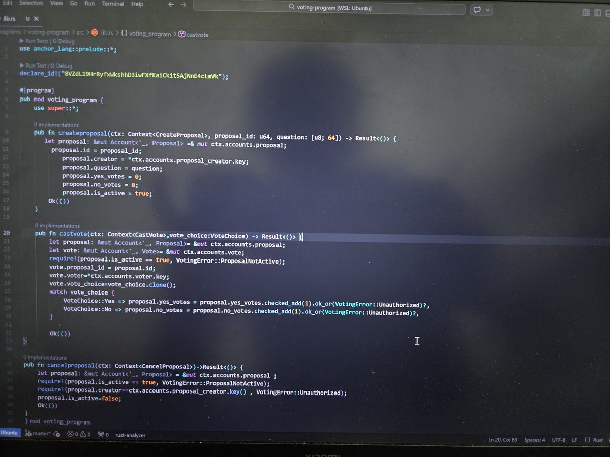 0xAbhiDev's tweet photo. Day 52/100 :  
Another day, another smart contract built! 
Today I successfully wrote a fully functional on-chain Voting Program from scratch using Rust and the Anchor framework.

​Here are the technical wins from today’s build:

• Designed distinct PDAs for both Proposals and individual Votes (using voter pubkeys as seeds) to naturally prevent double-voting.
• Implemented safe math (checked_add) to secure vote tallies against overflow vulnerabilities.
• Built clean custom Enums for Yes/No choices and mapped out strict custom Error codes.
• Mastered complex account validation macros with multi-variable seed derivations.

Anchor made writing smart contracts super easy.