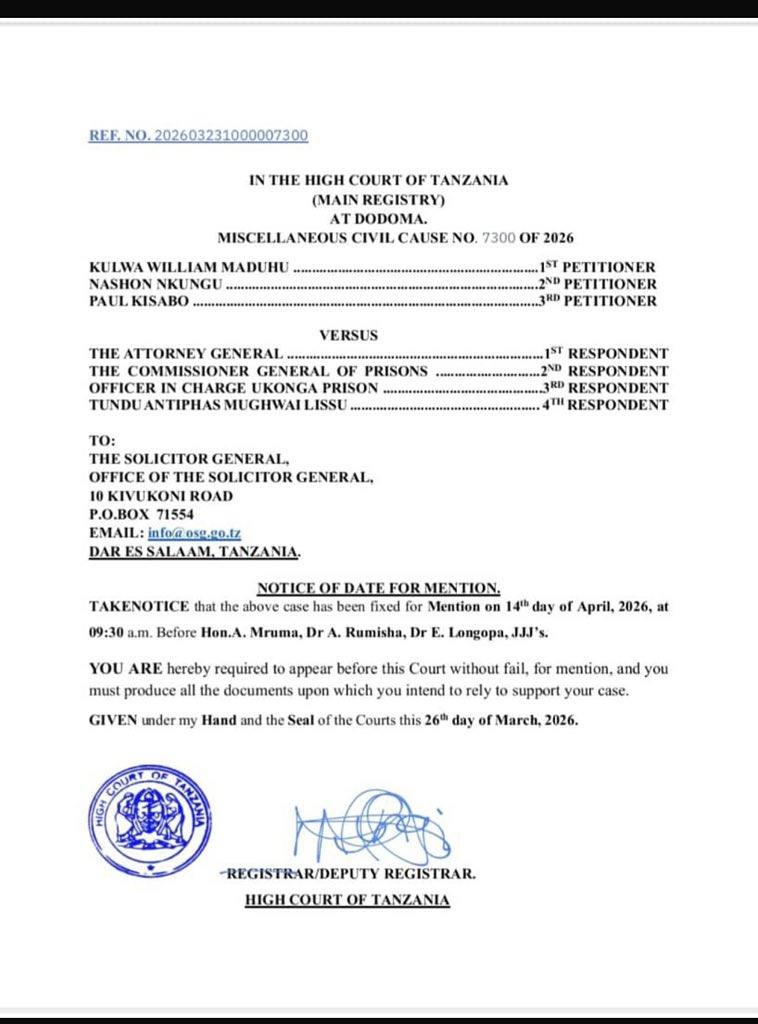 HecheJohn's tweet photo. TAARIFA KWA UMMA

Sisi mawakili Maduhu William,, Nashon Nkungu na Paul Kisabo tumefungua shauri la Kikatiba ambalo ni Shauri No. 7300dhidi ya Kamishina Jenerali wa Magereza, Mkuu wa Gereza la Ukonga na Mwanasheria Mkuu wa Serikali.

Shauri hili limefunguliwa katika mahakama kuu masijala kuu ya Dodoma.

Tumefungua shauri hili kuhoji uhalali wa Jeshi la Magereza kuzuia na kuwawekea,,,vingiziti  au vikwazo mawakili pale wanapotembelea Magereza kwa ajili ya mashauriano ya kisheria na wateja wao ambao ama ni wafungwa au Mahabusu.

Shauri hili litatajwa kwa mara ya kwanza tarehe 14 Aprili 2026 mbele ya jopo la Majaji watatu ambao ni Mruma,, Dr. Rumisha na Dr. Longopa, JJJ's.

Tutaipigania Heshima na hadhi ya uwakili usiku na mchana na bila kuchoka.

 Wakili Maduhu