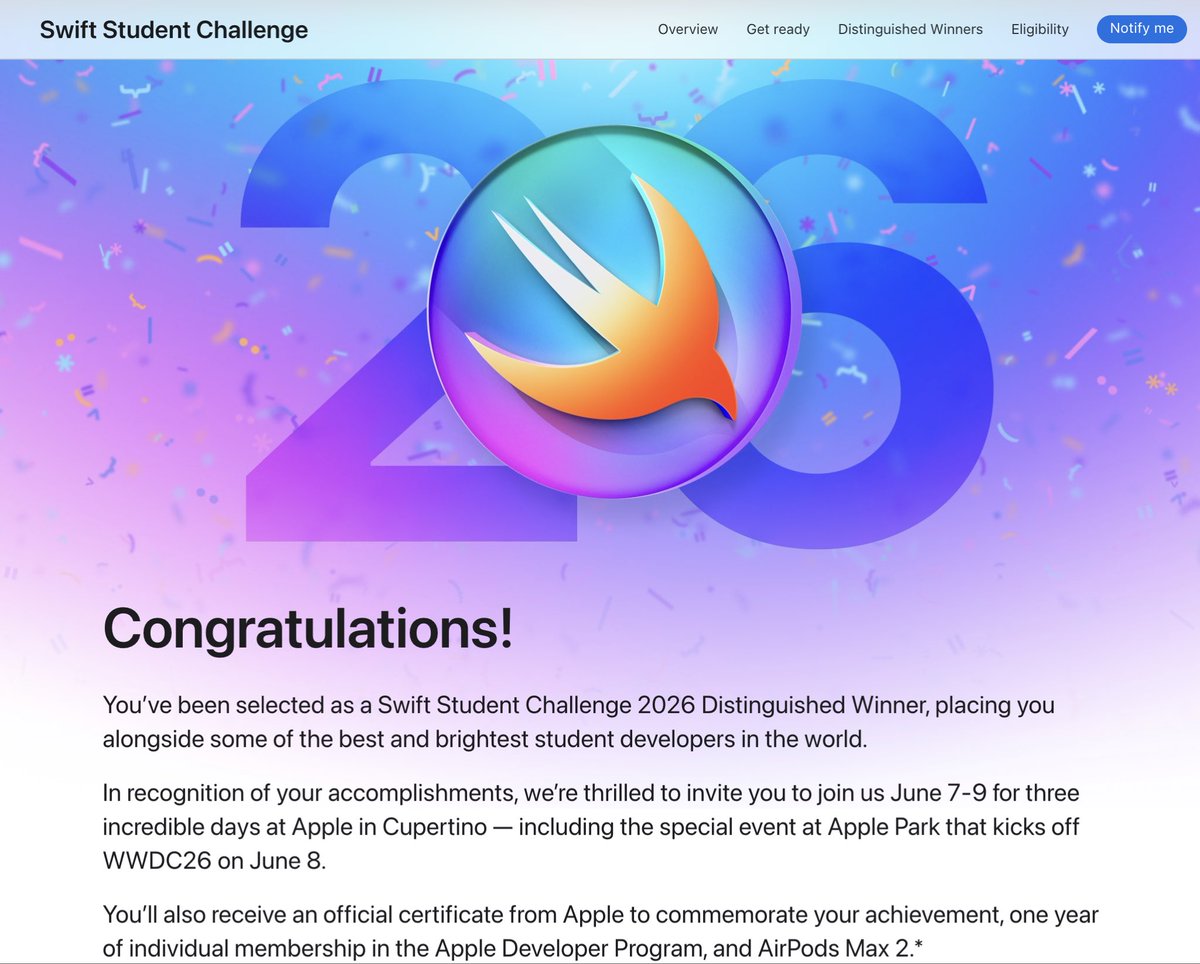 Efan404's tweet image. 很幸运获得了 Apple 举办的 Swift Student Chanllenge 2026 最佳学生奖

#apple #developer #iOS