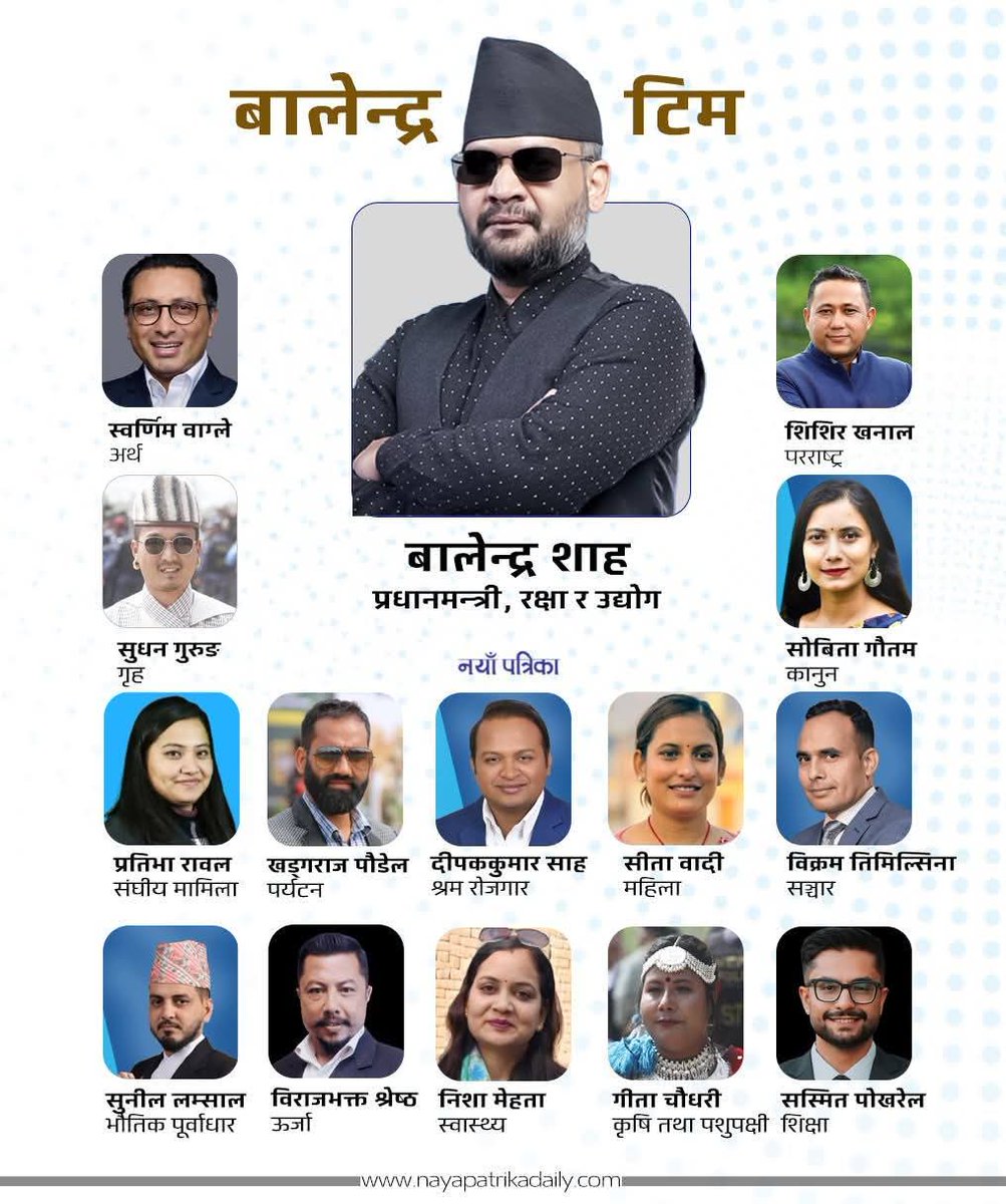 सफल कार्यकालको शुभकामना सम्माननीय प्रधानमन्त्री Balen Shah  र सम्पूर्ण नव नियुक्त मन्त्रीमन्डलमा 🙏         Congratulations Rt Honorable Prime Minister Balendra Shah and the team! 🌸
<a href="/ShahBalen/">Balen Shah</a>