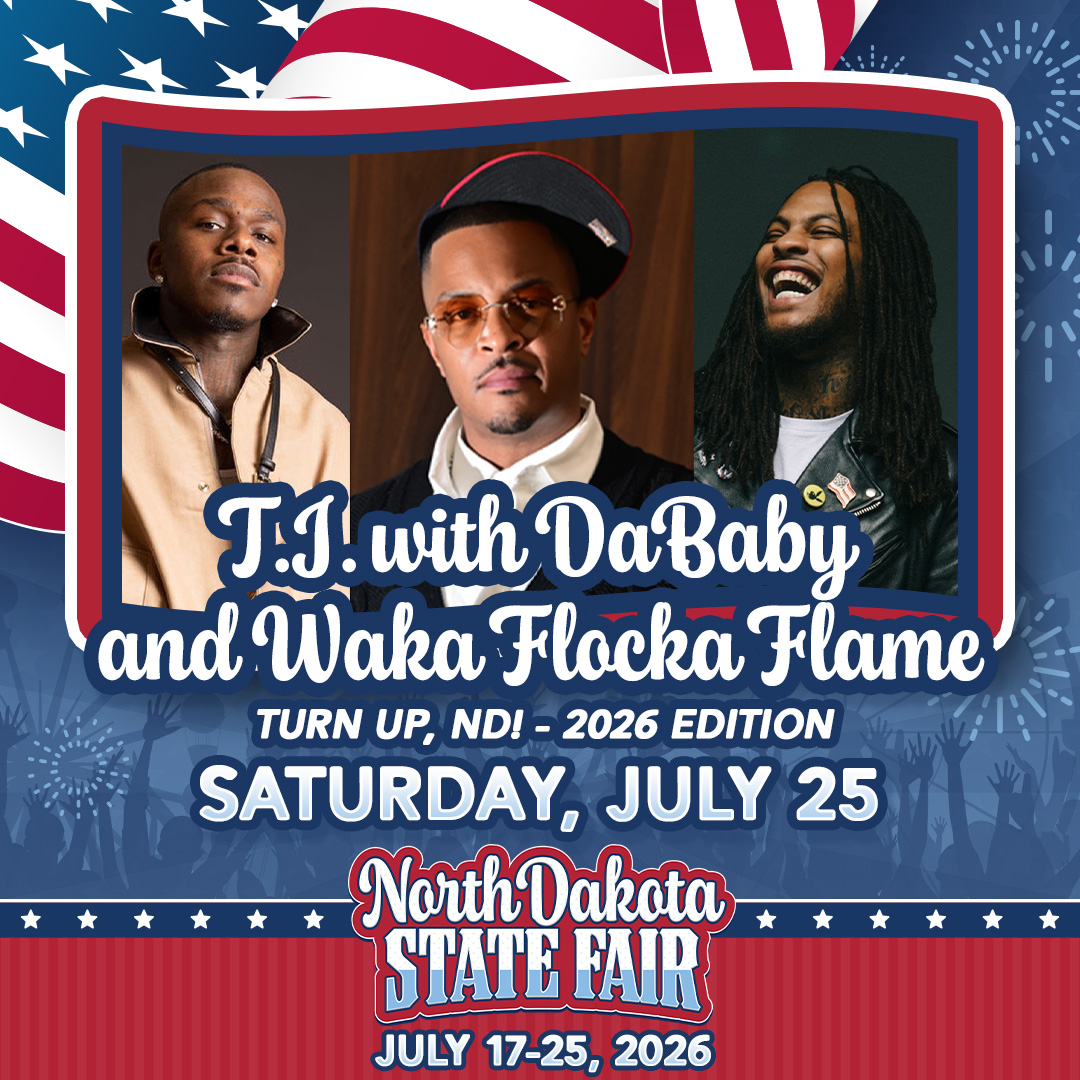NDStateFair's tweet image. The 2026 #NDSF lineup is officially complete 🔥

Close out the last weekend of the Fair with Zedd on Friday, July 24, then T.I. with DaBaby and Waka Flocka Flame for Turn Up, ND! - 2026 Edition on Saturday, July 25.

Tickets for the final shows go on sale April 6 at 8 AM CT.