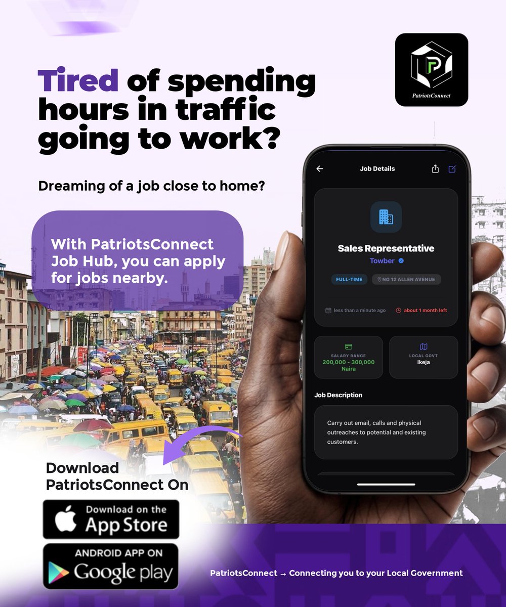 Patriots_Co1's tweet photo. Heavy Traffic to work every day? 🚗😩

What if your next job was just minutes from home? 📍

Find nearby opportunities with PatriotsConnect Job Hub and skip the long commute. 🚀

Download PatriotsConnect and get your dream job today. ⬇

Playstore: https://t.co/nohVr6X8OT

⬇️ https://t.co/TnGg5r4XWR
