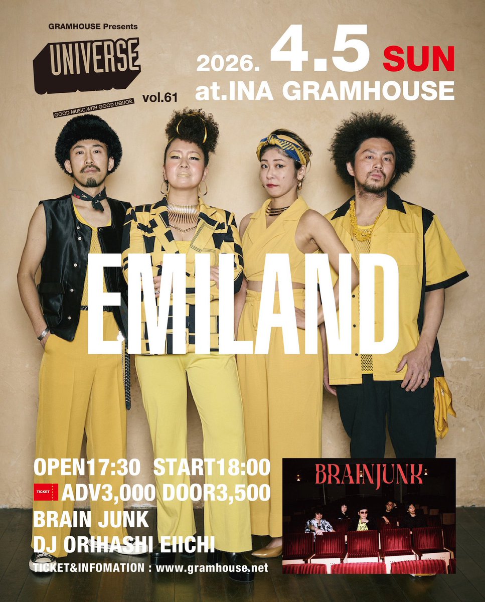 ina_gramhouse's tweet photo. 4/5(日)
｢UNIVERSE vol.61｣

■EMILAND
■BRAIN JUNK
■DJ ORIHASHI EIICHI

OPEN17:30 START18:00
ADV3,000 DOOR3,500
高校生以下1,000

https://t.co/Gi5ByAjR8F… https://t.co/hhevLKxYaF